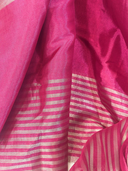 Magenta Pink pure Chanderi Pattu silk handloom Saree - My Store