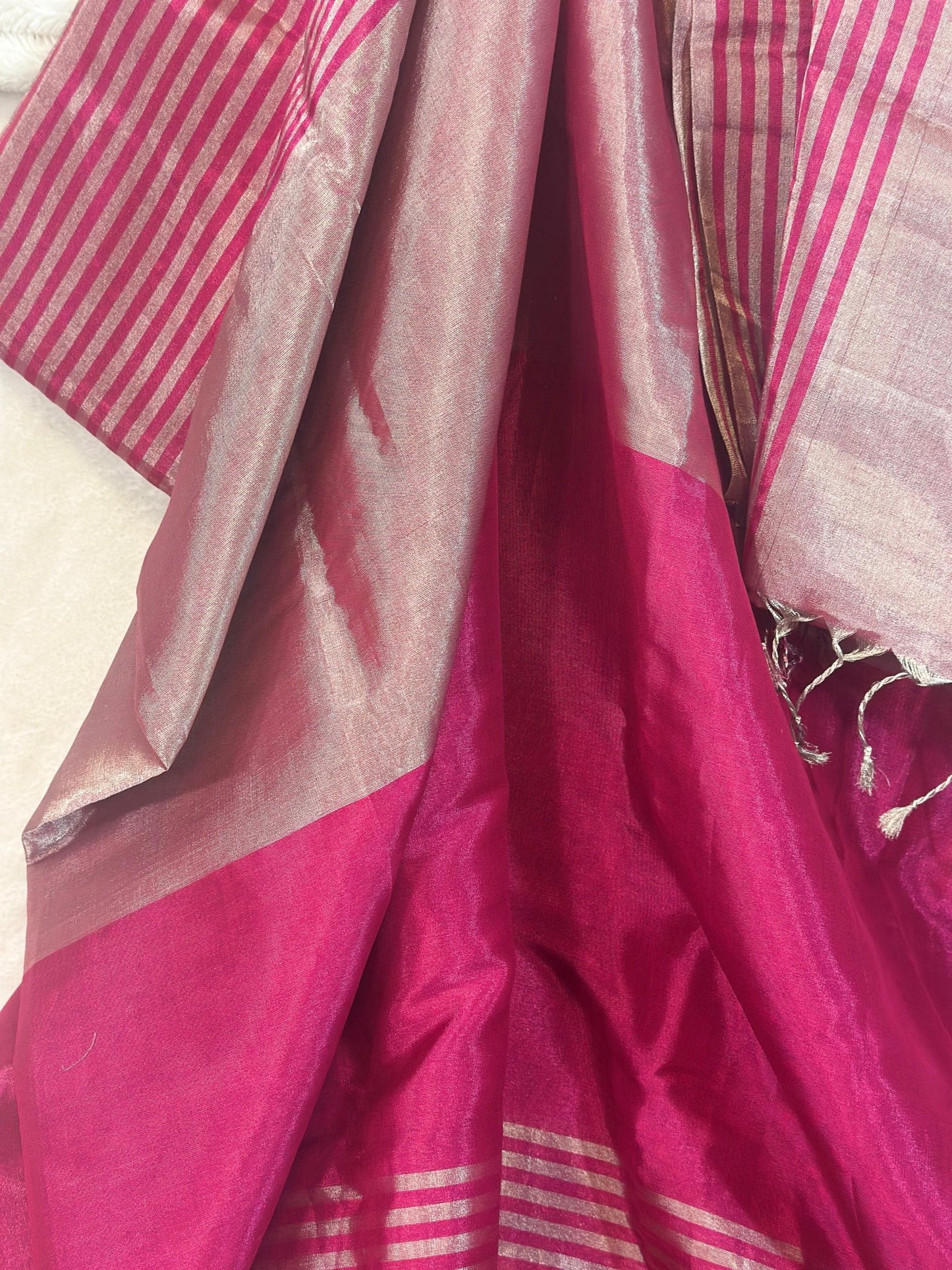 Magenta Pink pure Chanderi Pattu silk handloom Saree - My Store