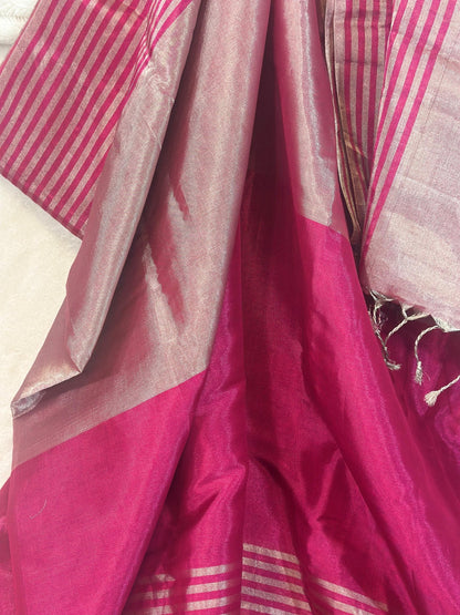 Magenta Pink pure Chanderi Pattu silk handloom Saree - My Store