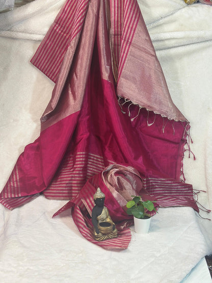 Magenta Pink pure Chanderi Pattu silk handloom Saree - My Store