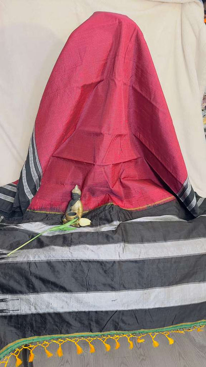 Magenta pink with Grey / Black border pure SICO Ilkal Handloom Saree - My Store