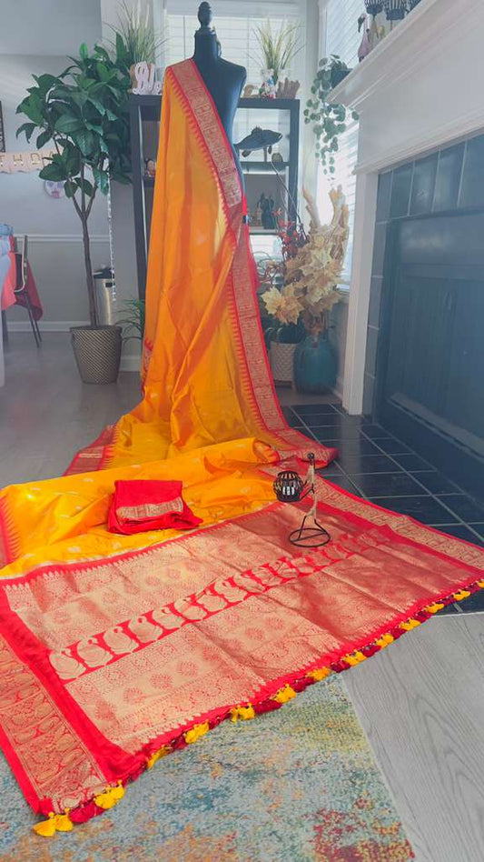 Mango with Red Pallu Pure Silk Kanjivaram Handloom Saree - My Store