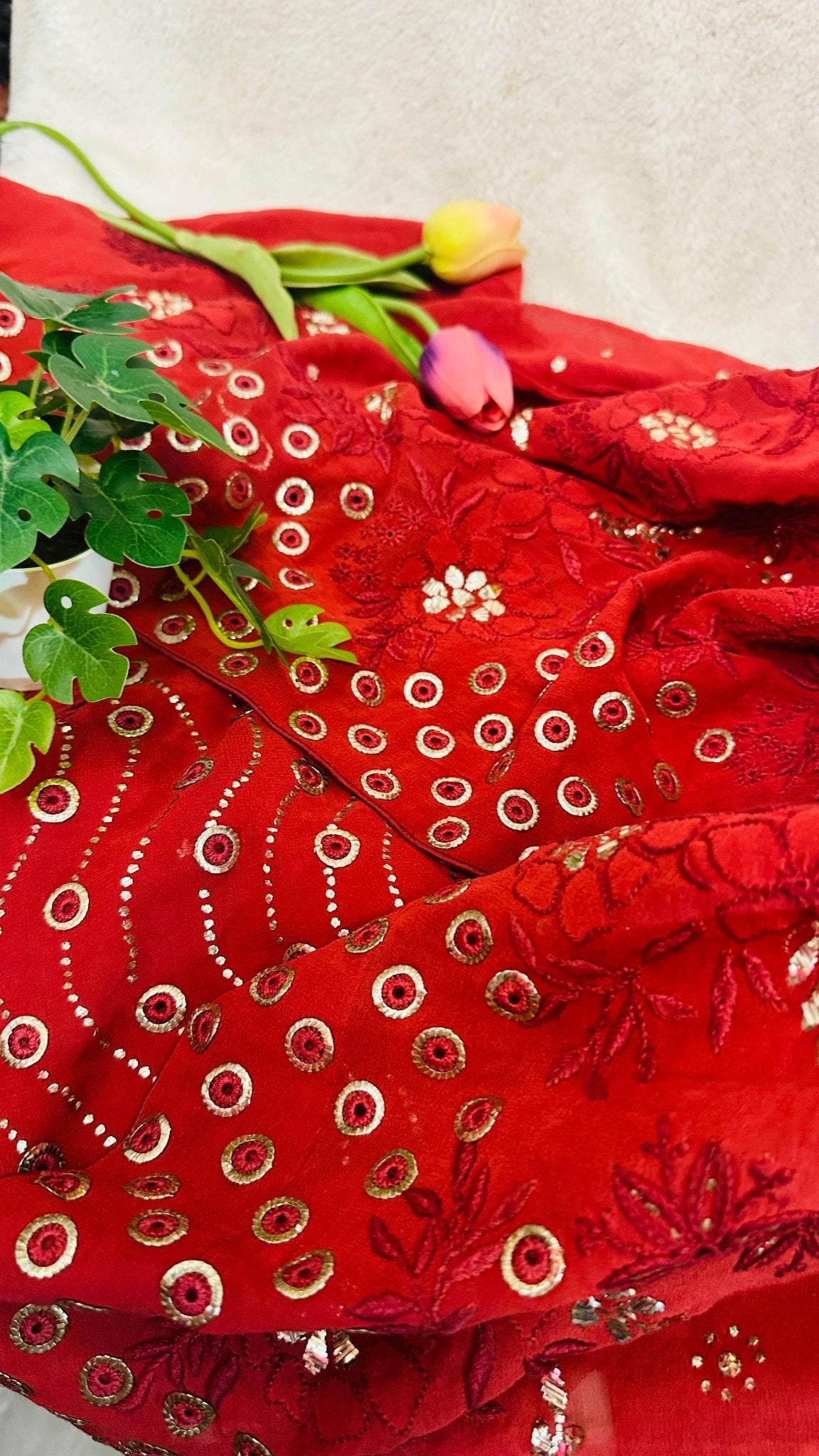 Maroon Pure Georgette Chikankari Saree enteric with fine Chikankari, jali & Ring Mukaish hand embroidery - My Store