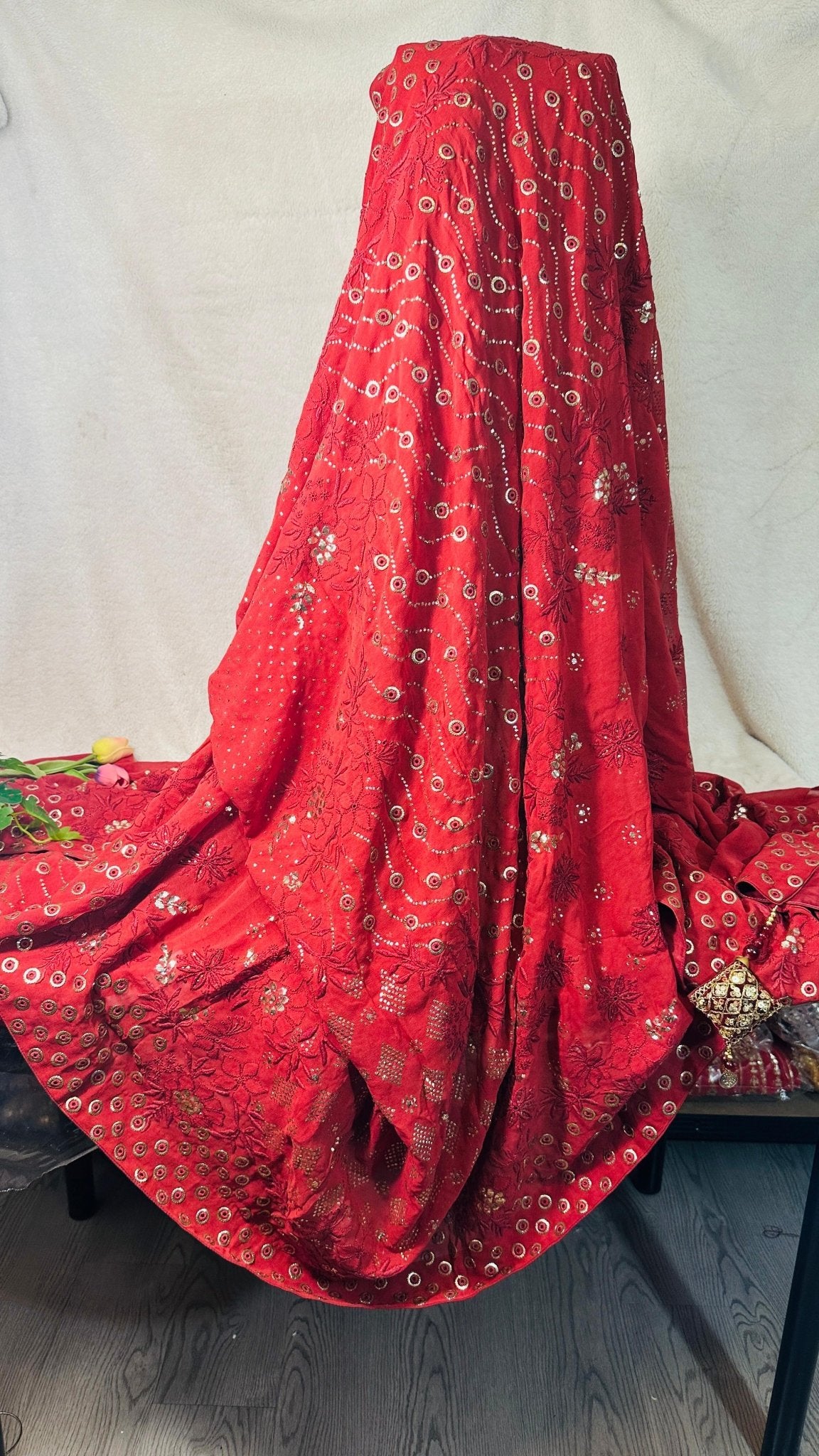 Maroon Pure Georgette Chikankari Saree enteric with fine Chikankari, jali & Ring Mukaish hand embroidery - My Store