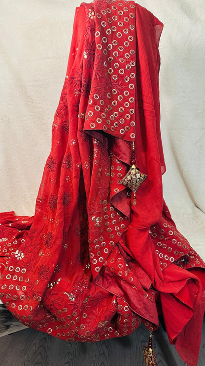 Maroon Pure Georgette Chikankari Saree enteric with fine Chikankari, jali & Ring Mukaish hand embroidery - My Store