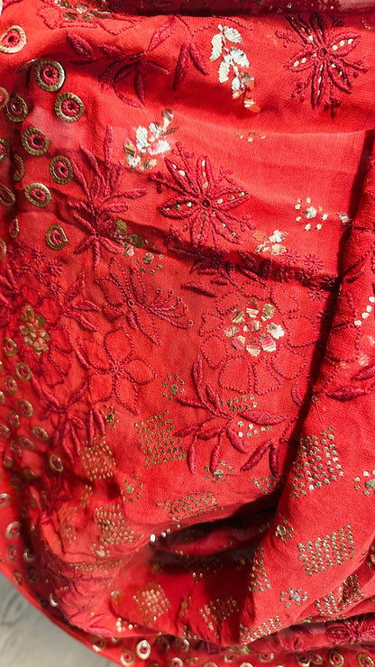 Maroon Pure Georgette Chikankari Saree enteric with fine Chikankari, jali & Ring Mukaish hand embroidery - My Store