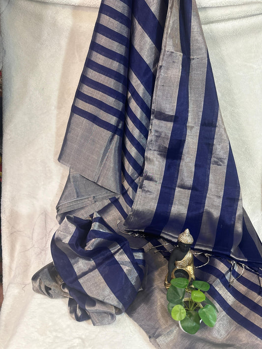 Midnight Blue pure Chanderi Pattu silk handloom Saree - My Store