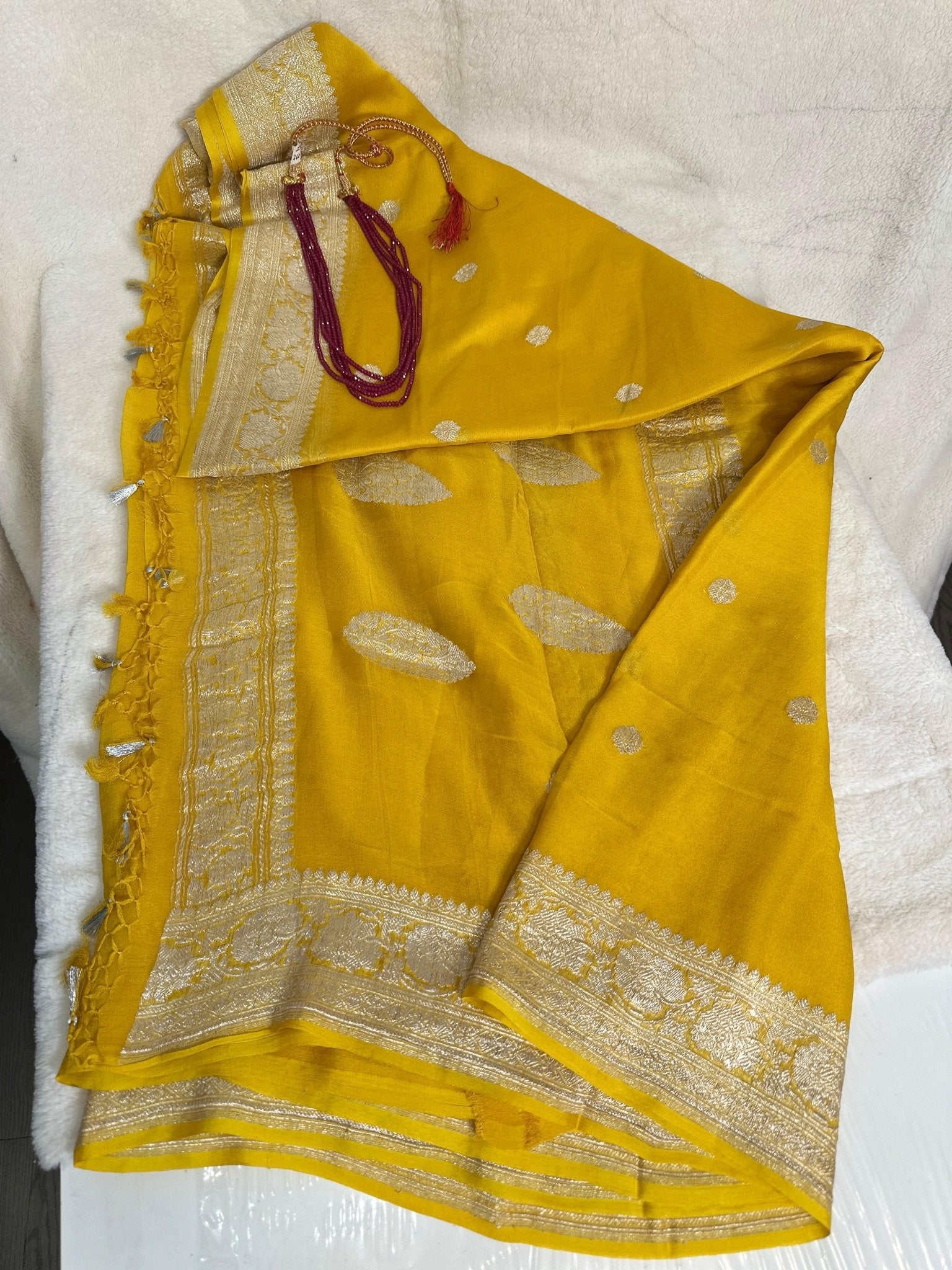 Mustard yellow Pure Khaddi Chiffon handloom Banarasi saree with tested Silver zari weaving - My Store