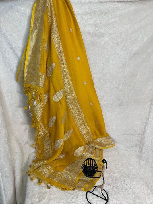 Mustard yellow Pure Khaddi Chiffon handloom Banarasi saree with tested Silver zari weaving - My Store