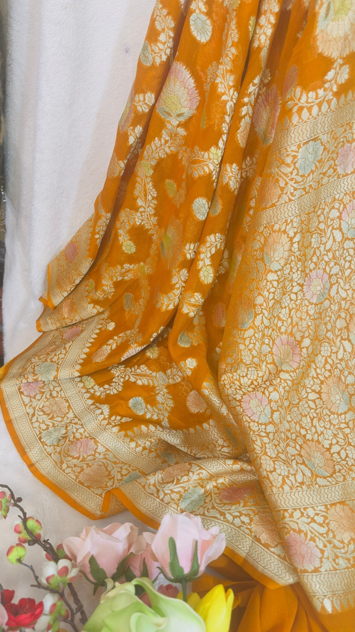 Mustard yellow Pure Khaddi Georgette handloom Banarasi saree with tested Gold zari and Meenakari weaving - My Store