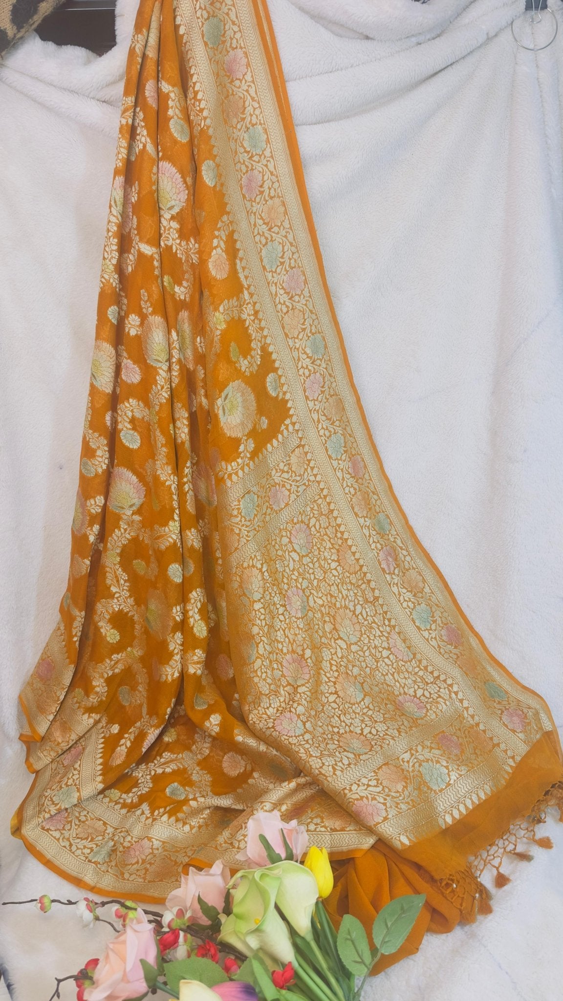 Mustard yellow Pure Khaddi Georgette handloom Banarasi saree with tested Gold zari and Meenakari weaving - My Store