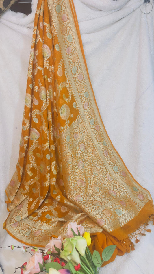 Mustard yellow Pure Khaddi Georgette handloom Banarasi saree with tested Gold zari and Meenakari weaving - My Store