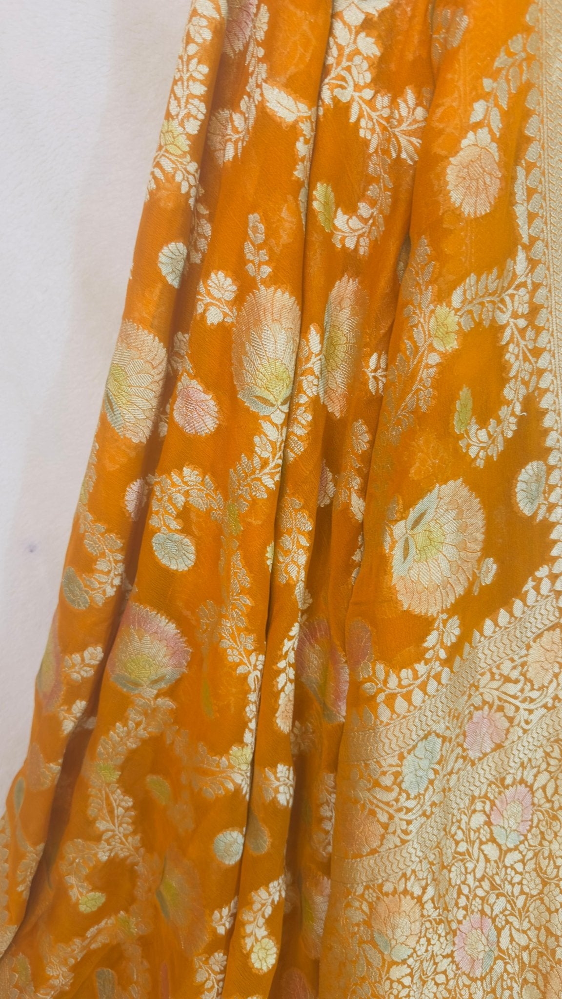 Mustard yellow Pure Khaddi Georgette handloom Banarasi saree with tested Gold zari and Meenakari weaving - My Store