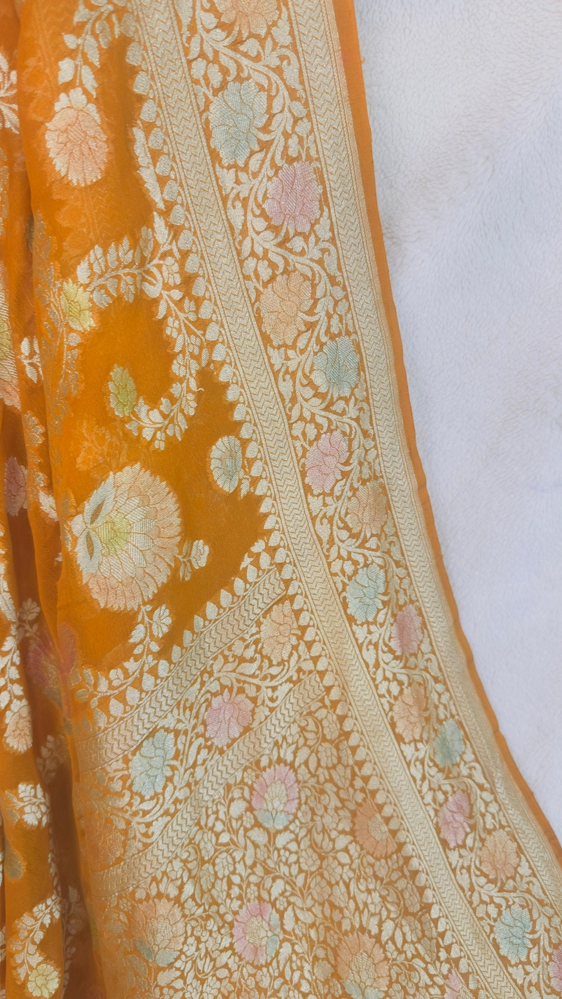 Mustard yellow Pure Khaddi Georgette handloom Banarasi saree with tested Gold zari and Meenakari weaving - My Store