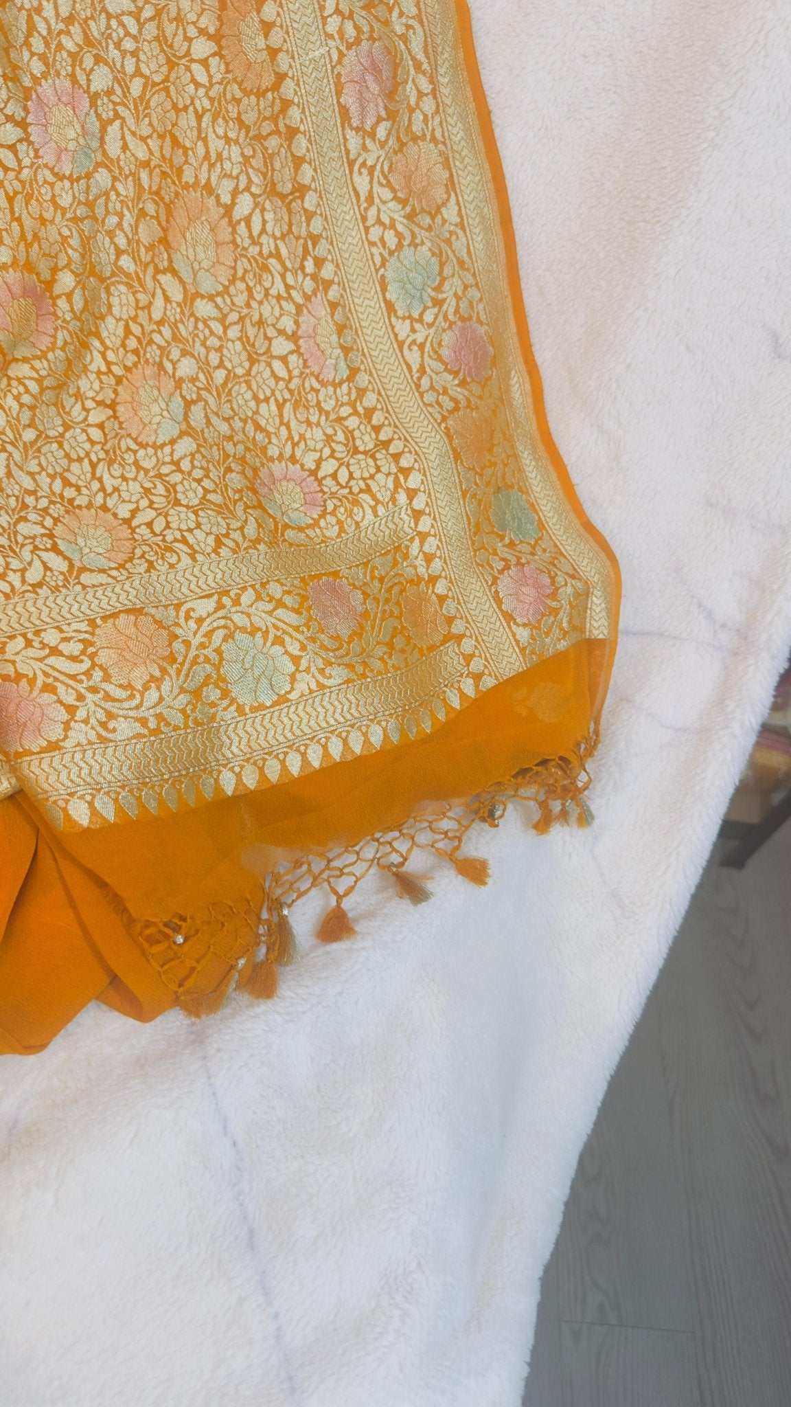 Mustard yellow Pure Khaddi Georgette handloom Banarasi saree with tested Gold zari and Meenakari weaving - My Store