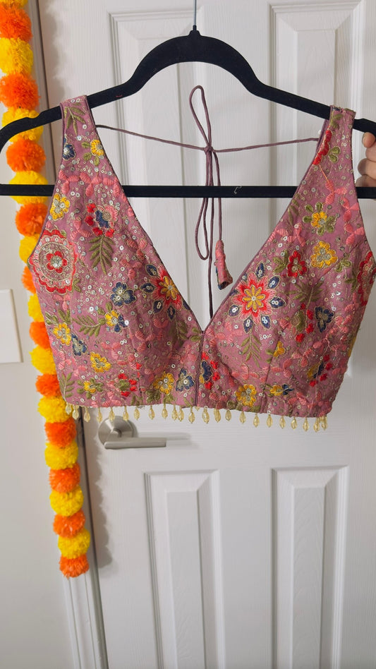 Onion pink Designer thread & sequins work blouse with Back adjustable Dori and tassels ( can open till size 42 ) - My Store