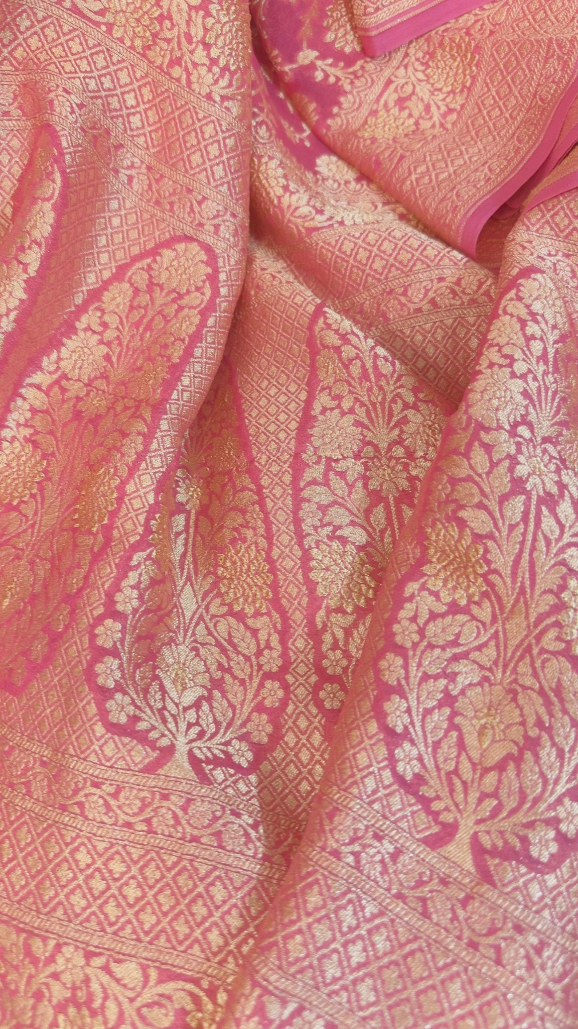 Onion pink Pure Khaddi Georgette handloom Banarasi saree with tested Gold zari weaving - My Store