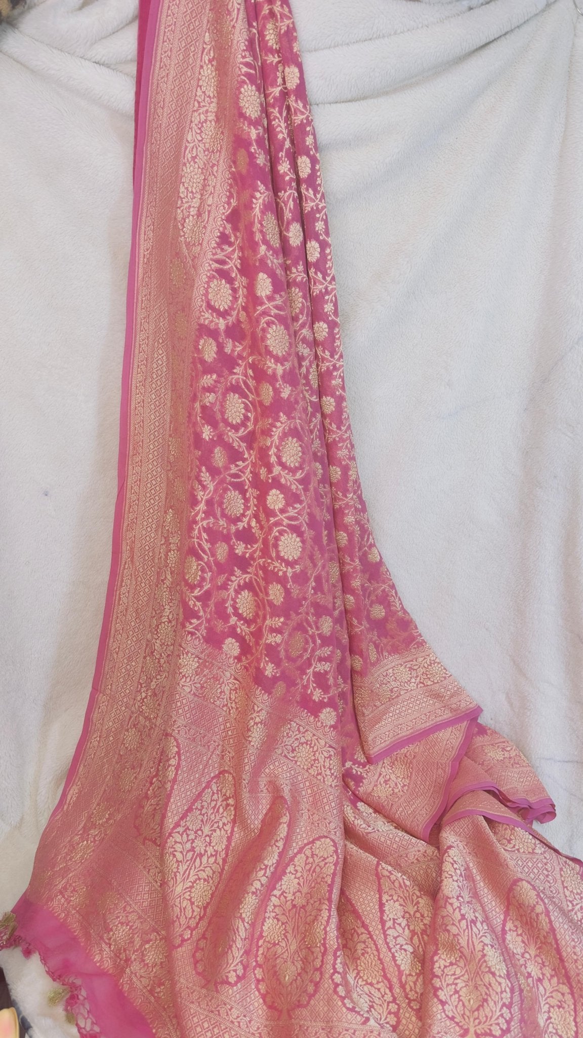 Onion pink Pure Khaddi Georgette handloom Banarasi saree with tested Gold zari weaving - My Store