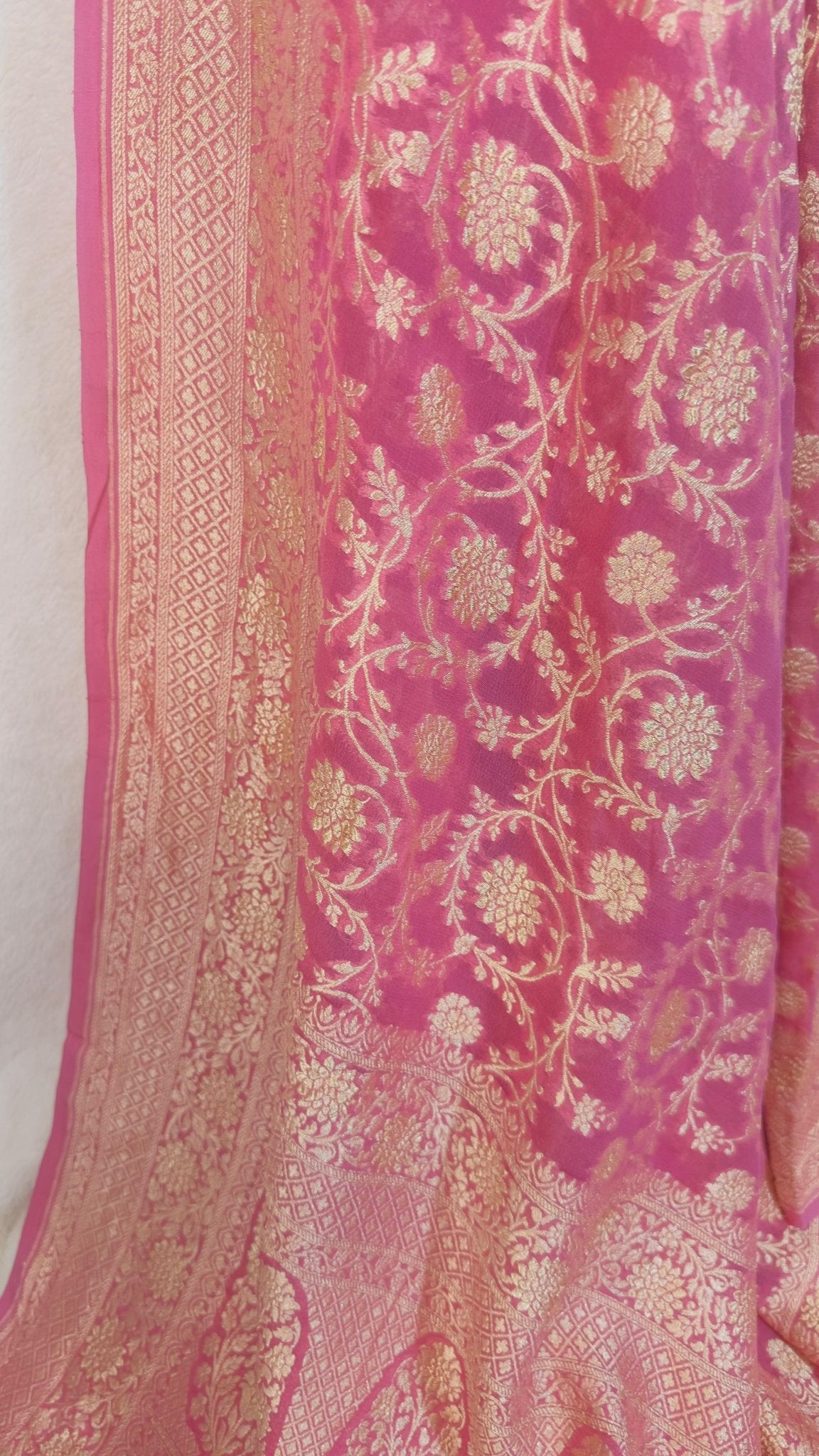 Onion pink Pure Khaddi Georgette handloom Banarasi saree with tested Gold zari weaving - My Store