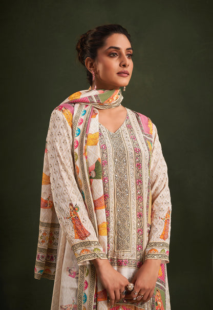 Beige Designer pure Crape silk palazzo suit with Radha Krishna digital print highlighted with stone & Coin work