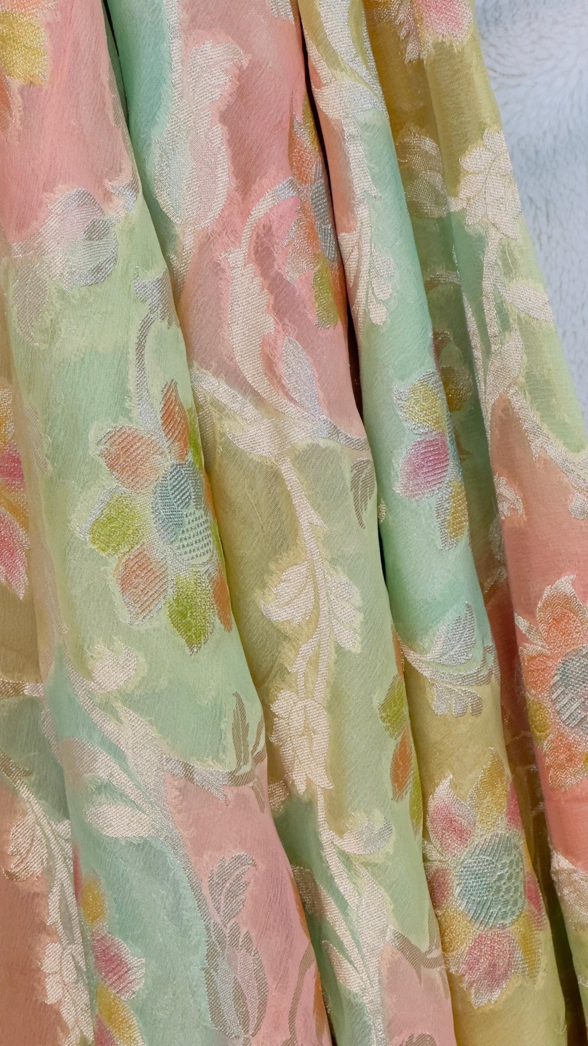 Pastel Rangkat Pure Khaddi Georgette handloom Banarasi saree with tested Gold zari weaving - My Store