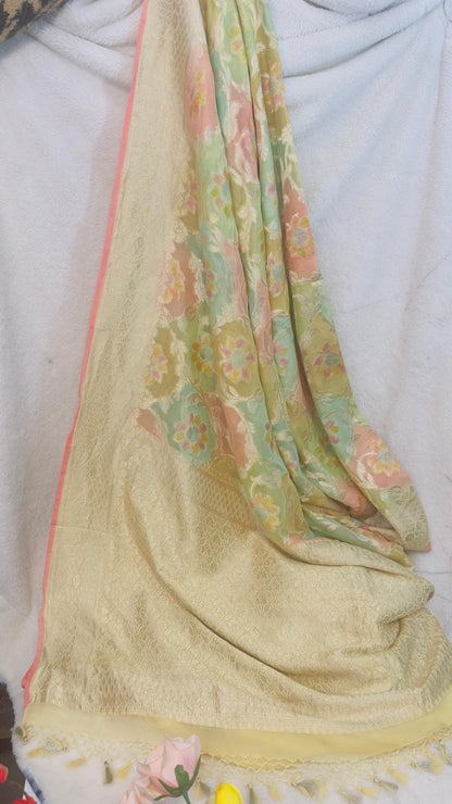 Pastel Rangkat Pure Khaddi Georgette handloom Banarasi saree with tested Gold zari weaving - My Store