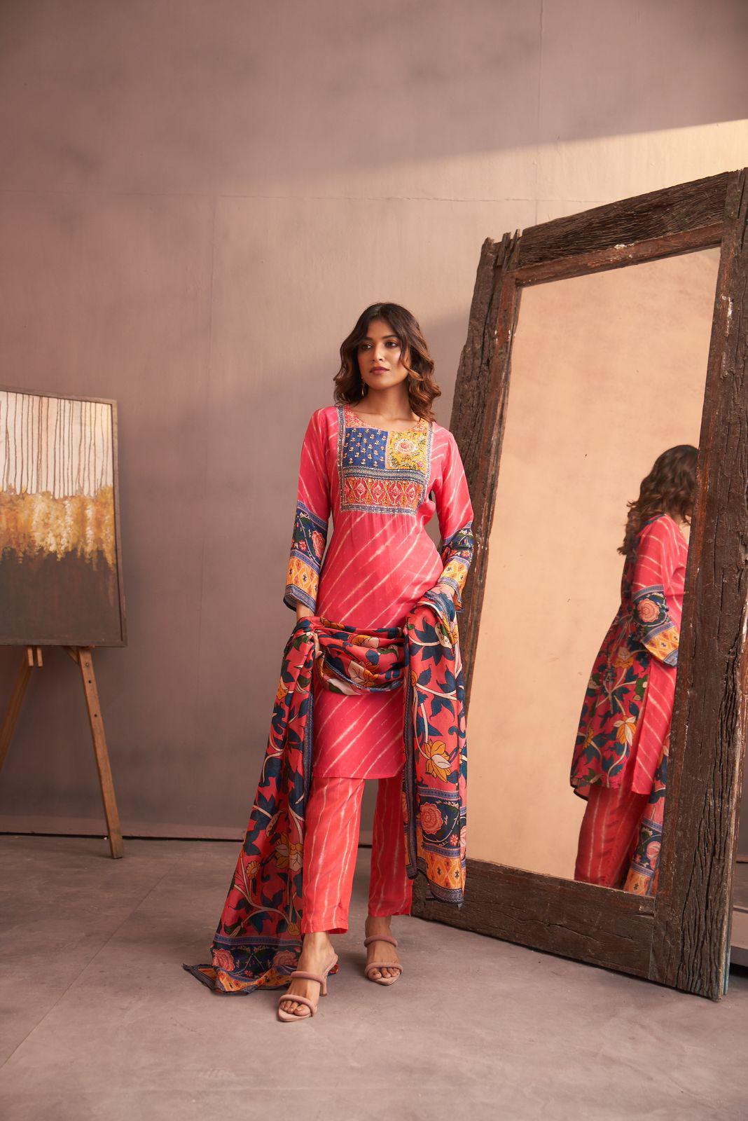 Pink lehriya print crape silk suit highlighted with pearl, Cutdana & thread hand work - My Store