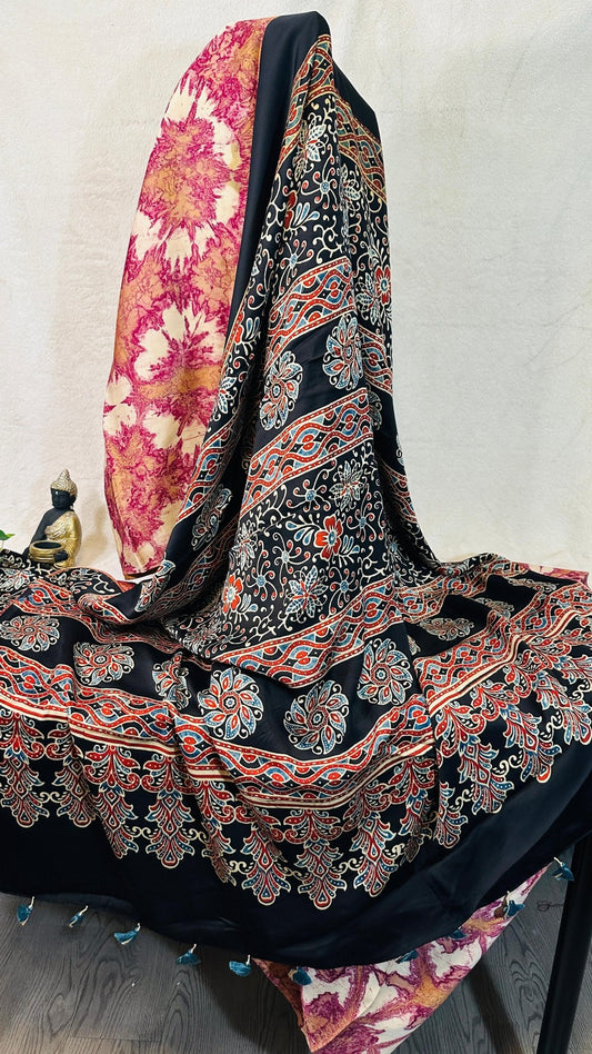 Pink with Beige Marble block Ajrakh natural dye Hand block print pure Modal silk saree - My Store