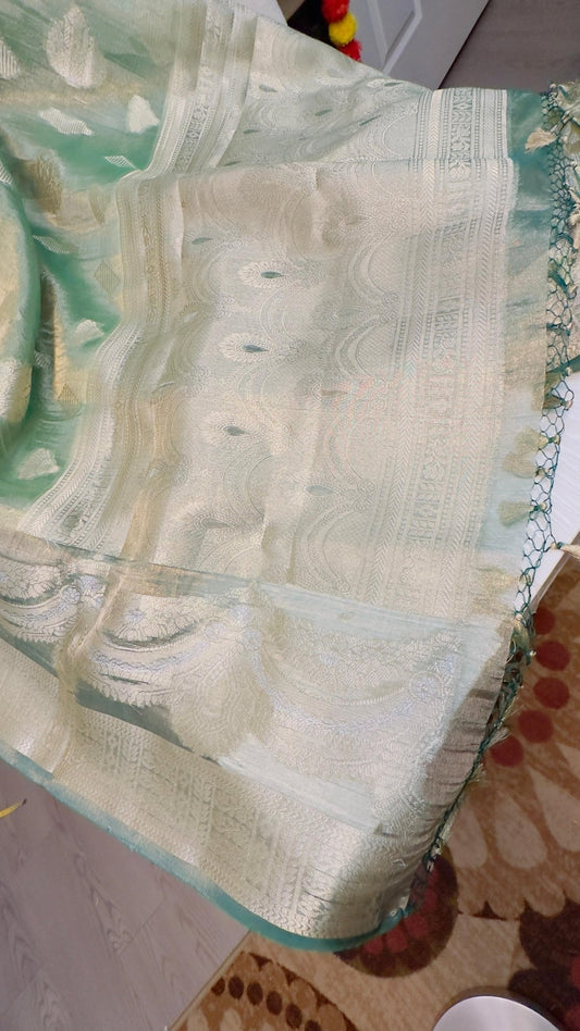 Pista Green pure tissue Banarasi handloom saree - My Store