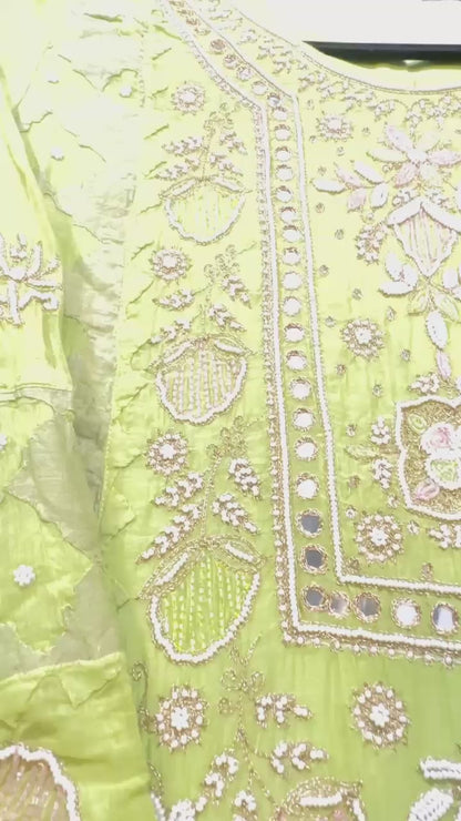 Parrot green pure Mulchanderi Mukaish suit highlighted with pearl & Cutdana handwork