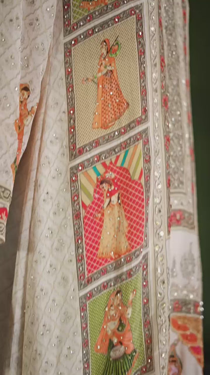 Beige Designer pure Crape silk palazzo suit with Radha Krishna digital print highlighted with stone & Coin work
