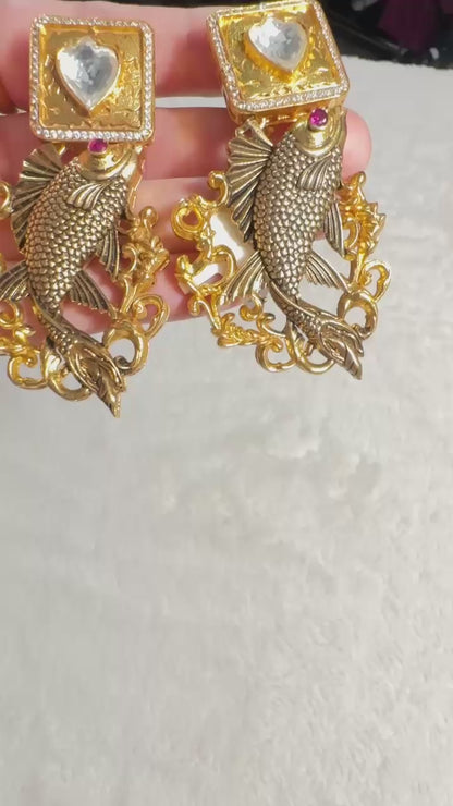 Pure 92.5 Silver Gold tone Fish Fusion Earrings embellished with semiprecious Ruby beads & Moissanite.