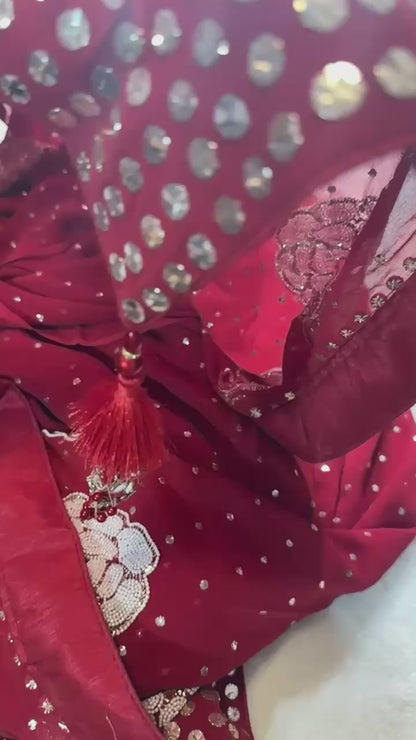 Red Pure Georgette Chikankari Saree with add on Pearl & Mukaish Pitta handwork