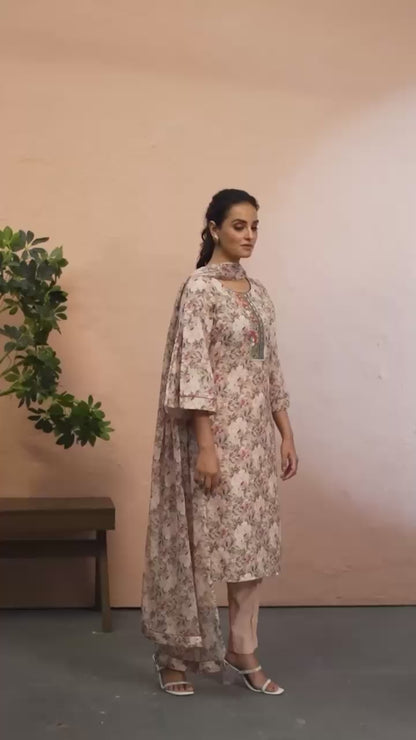 Beige floral kurta set highlighted with pearl, Cutdana & sequins handwork