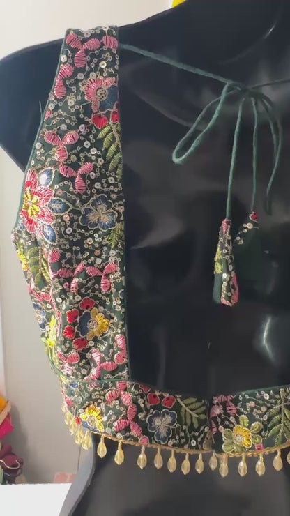 Bottle Green Designer Multicoloured thread & sequins work blouse with Back adjustable Dori  ( can open till size 42 )