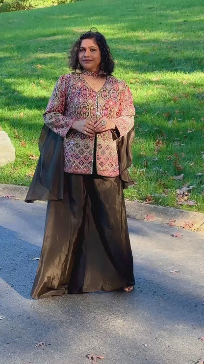 Henna green designer pure crape silk Sharara set highlighted with real mirror, pearl handwork