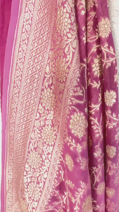 Onion pink Pure Khaddi Georgette handloom Banarasi saree with tested Gold zari weaving