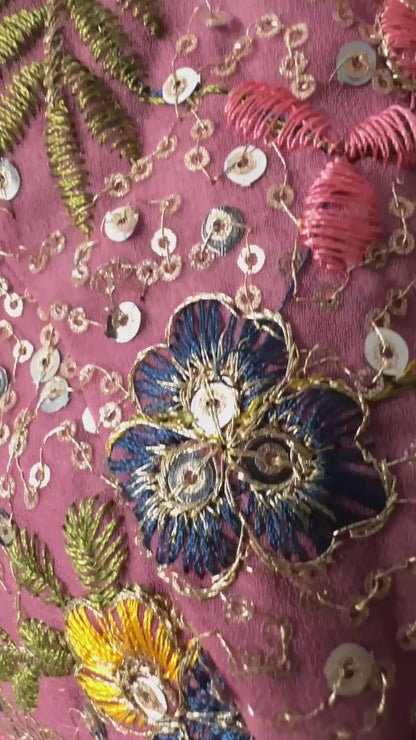Onion pink Designer thread & sequins work blouse with Back adjustable Dori and tassels  ( can open till size 42 )