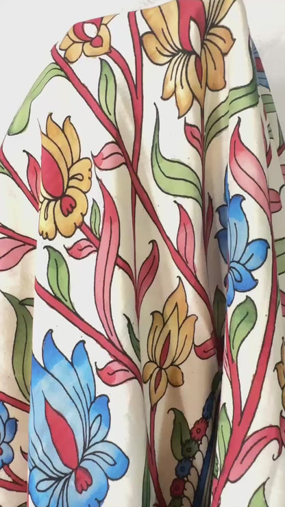 Beige pure Bangalore silk hand drawn- hand painted Pen Kalamkari Saree