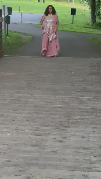 Salmon pink  designer Sharara set highlighted with real mirror, pearl handwork