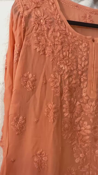 Rust orange tone on tone Viscose Chikankari Kurti  with 3D Chikankari