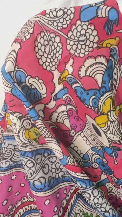 Pink pure Bangalore silk hand drawn- hand painted Pen Kalamkari Saree