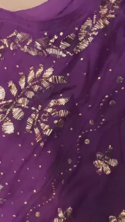 Purple pure Mulmul Chikankari gown suit highlighted with handwork Mukaish pitta