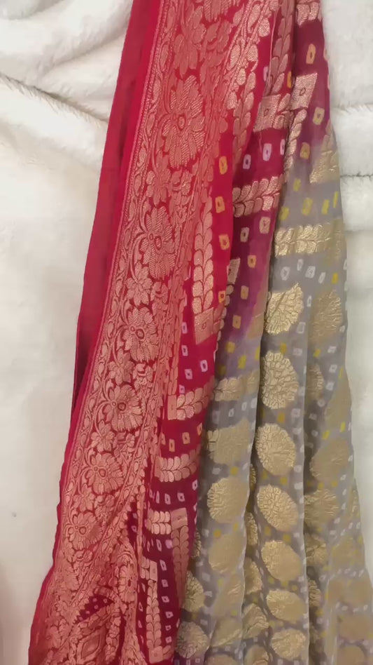 Red-Grey Pure Khaddi Georgette hand rai Bandhani Banarasi saree with tested Gold zari weaving