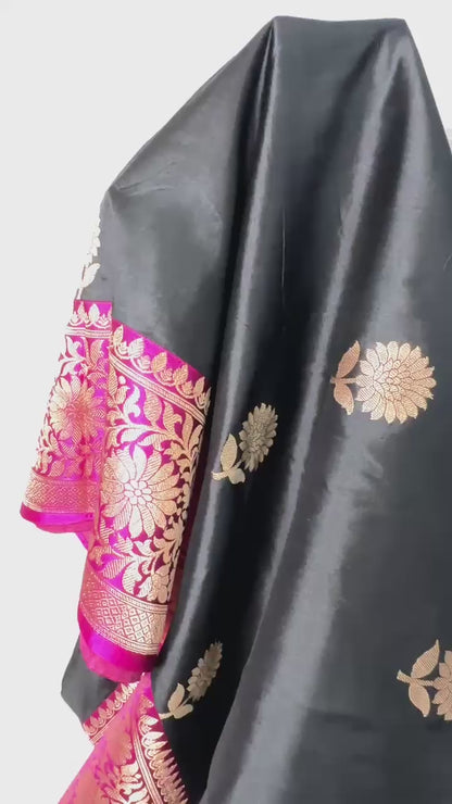 Black with Rani pink Border Pure Katan by katan handloom silk Banarasi saree