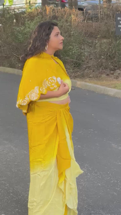 Sunshine yellow designer Indowestern skirt set highlighted with sequins & pearl handwork