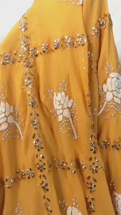 Alphanso mango Pure Georgette Chikankari saree with pearl & Pitta kamdani mukaish handwork