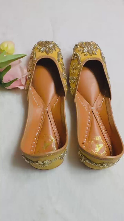 Yellow Premium designer pure leather Jutti with double cushion and highlighted with all handwork