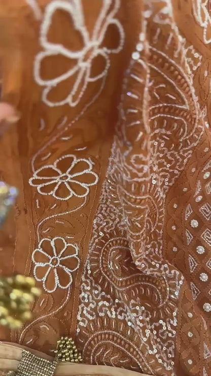 Rust ombré Pure Georgette Chikankari Saree enteric with fine hand Chikankari, Pearl ,sequins & Cutdana  hand work