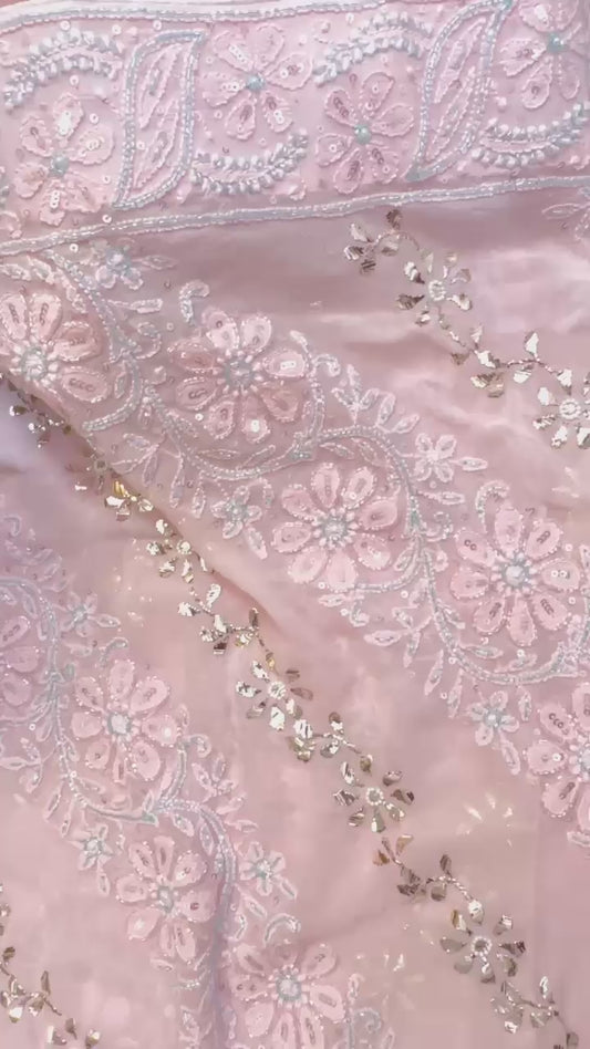 Baby Pink Pure Georgette Chikankari Saree with add on sequence, Pearl & Multicoloured Cutdana handwork